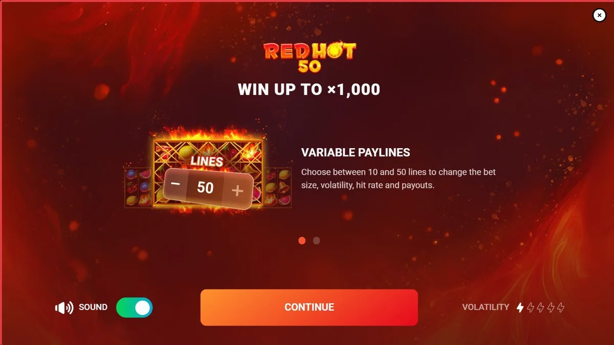 Interface do jogo de slot Red Hot 50 com tema de fogo e frutas